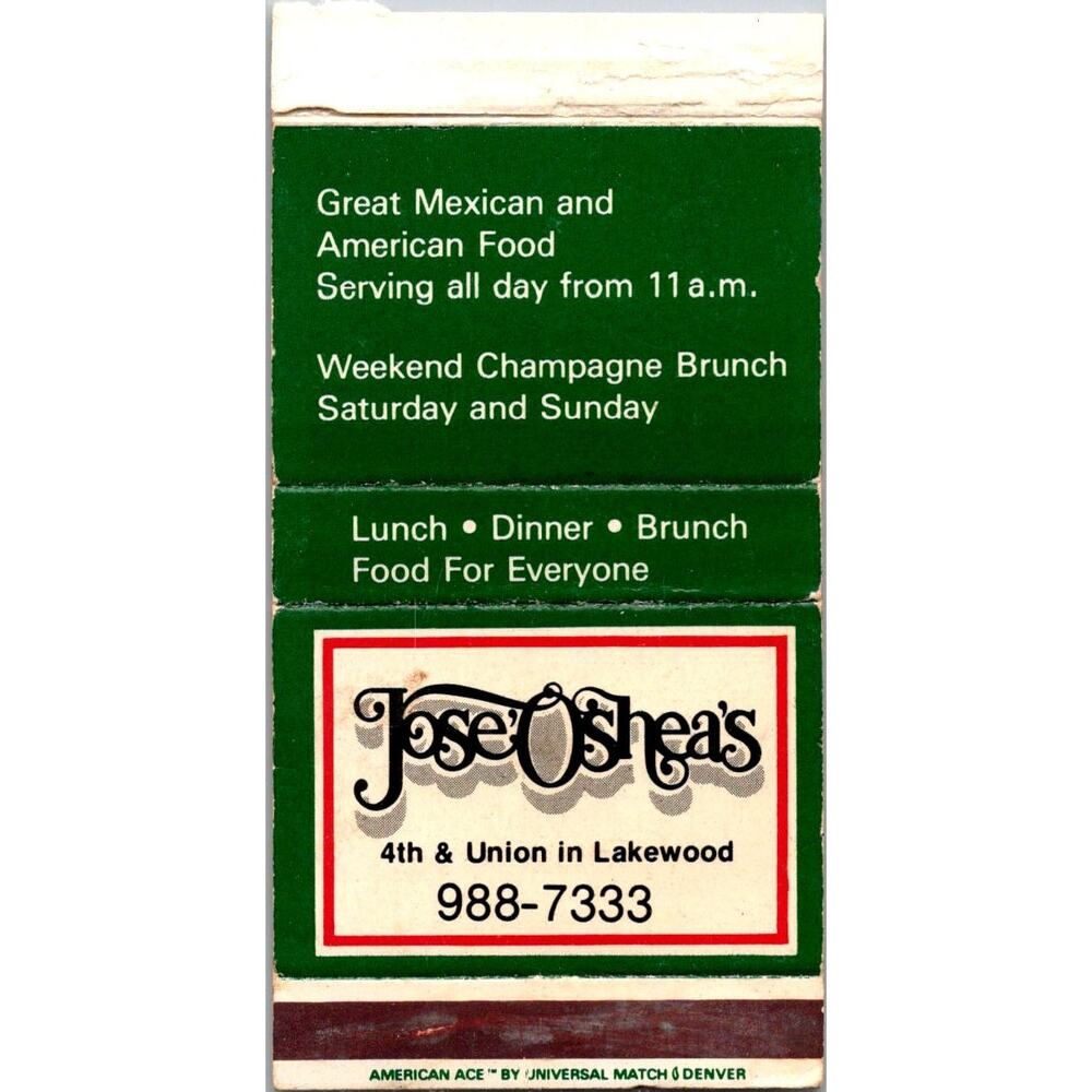 Jose O'Shea's Great Mexican & American Food Vintage Matchbook Matchbox SMM21-2